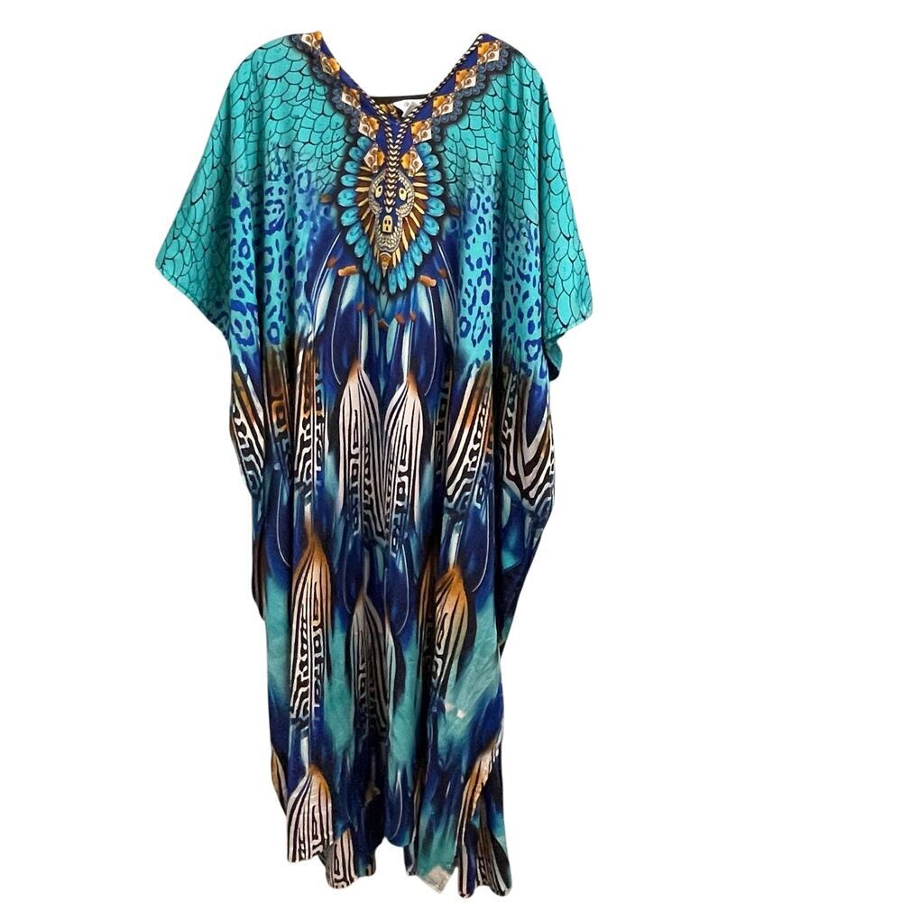 Winlar Kaftan Whimsical Feminine Flowy OSFM Blue Gold Colorful Vintage 90s